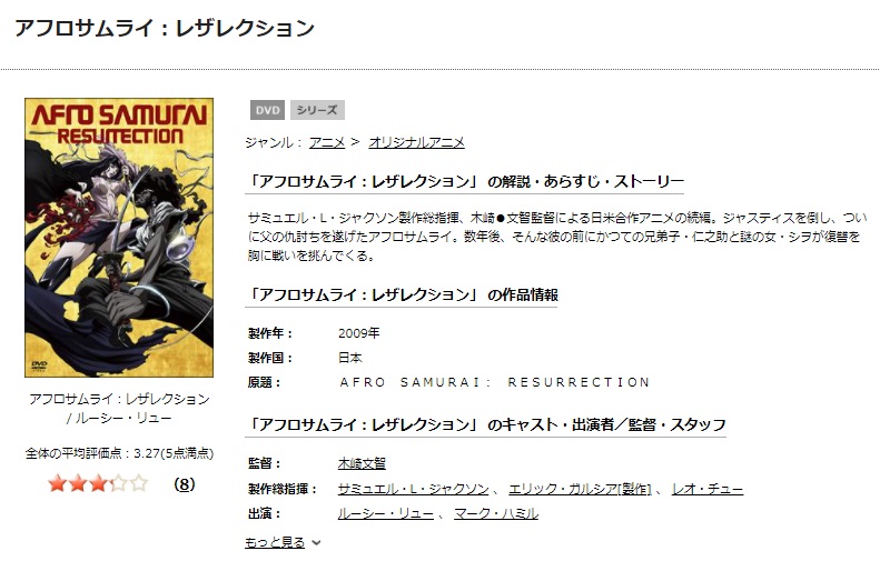 TSUTAYAディスカスのアフロサムライ：レザレクションの動画配信状況