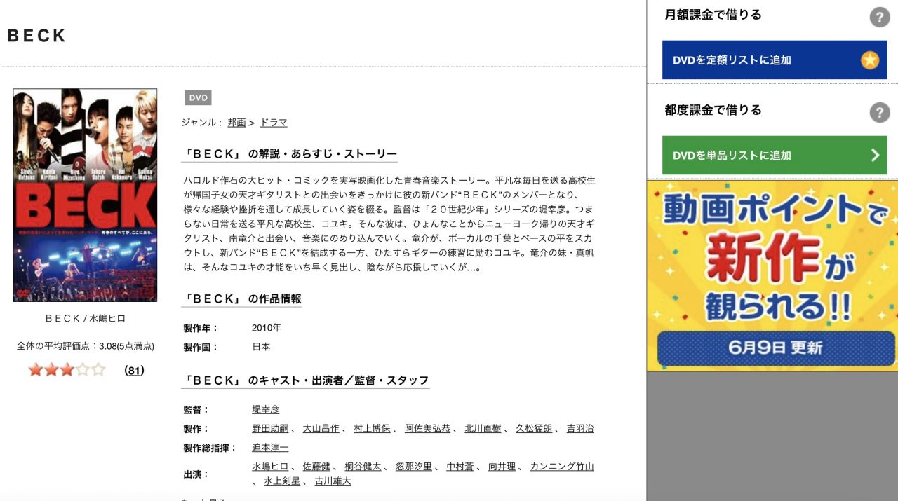 TSUTAYAディスカスのBECKの動画配信状況
