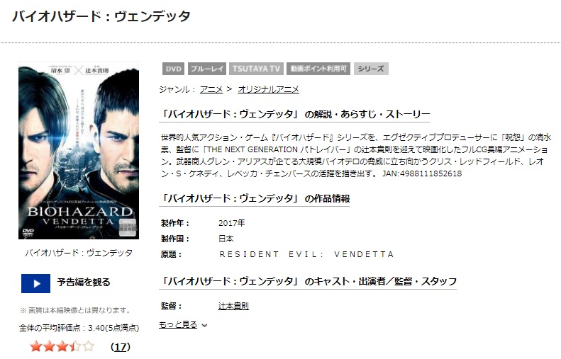 TSUTAYAディスカスのバイオハザード：ヴェンデッタの動画配信状況