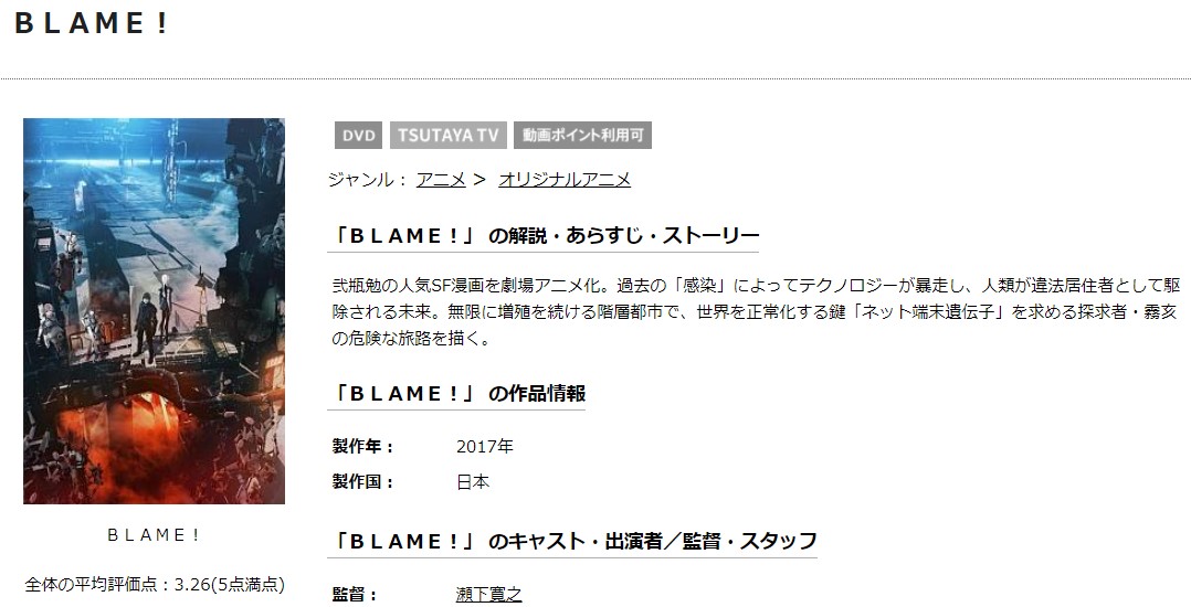 TSUTAYAディスカスのBLAME!の動画配信状況