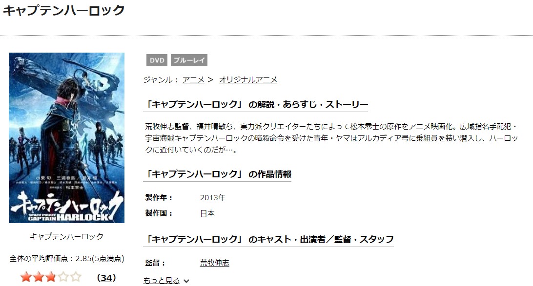 TSUTAYAディスカスのキャプテンハーロックの動画配信状況
