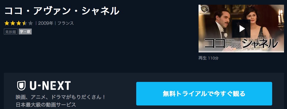  U-NEXTのココ・アヴァン・シャネルの動画配信状況