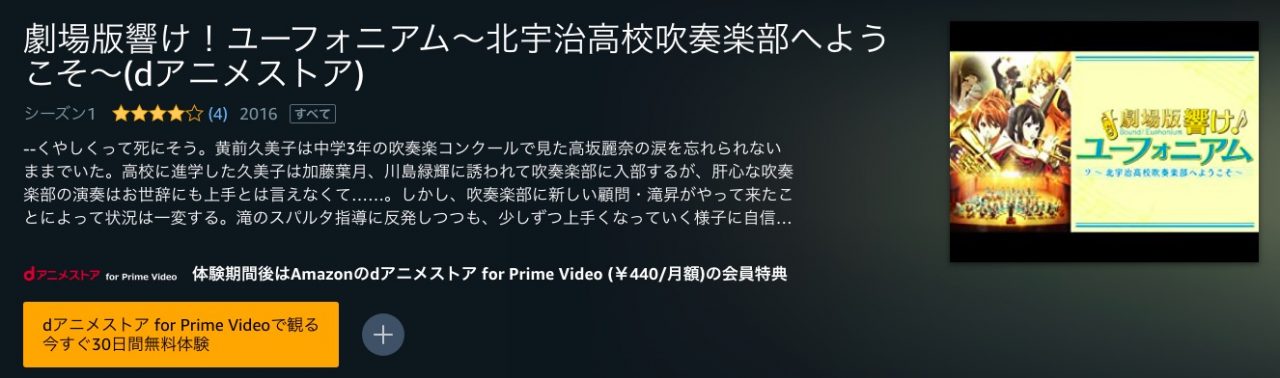 Amazonプライム・ビデオの劇場版 響け！ユーフォニアム～北宇治高校吹奏楽部へようこそ～の動画配信状況