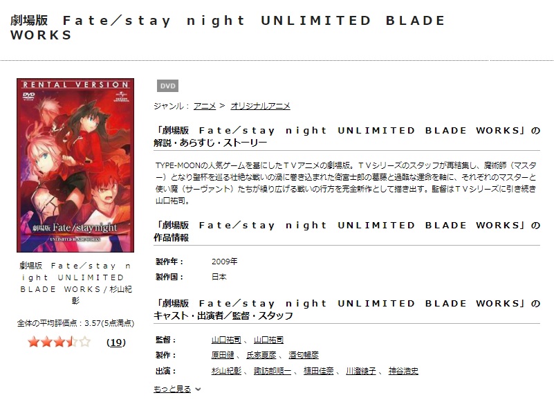 TSUTAYAディスカスのFate/stay night UNLIMITED BLADE WORKSの動画配信状況