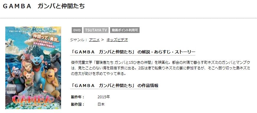 TSUTAYAディスカスのGAMBA ガンバと仲間たちの動画配信状況