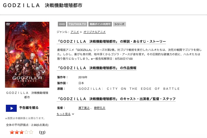 TSUTAYAディスカスのGODZILLA 決戦機動増殖都市の動画配信状況