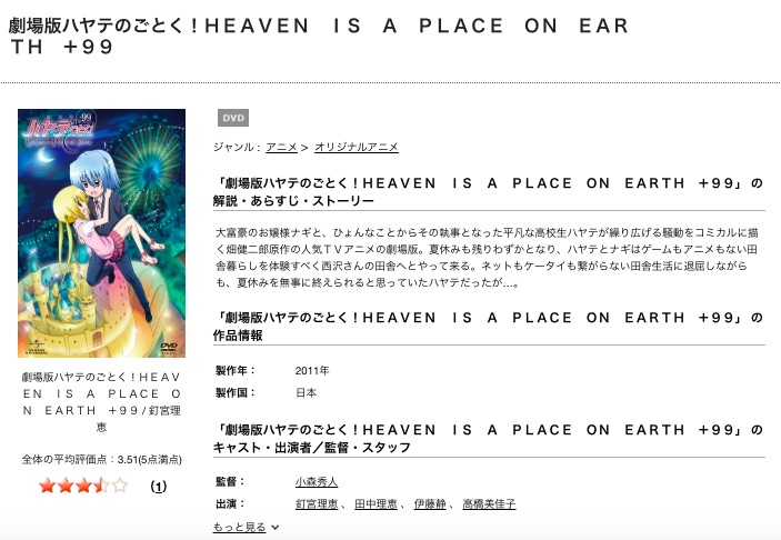 TSUTAYAディスカスの劇場版 ハヤテのごとく！ HEAVEN IS A PLACE ON EARTHの動画配信状況