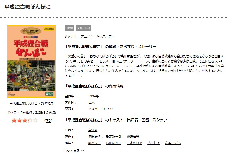 TSUTAYAディスカスの平成狸合戦ぽんぽこの動画配信状況