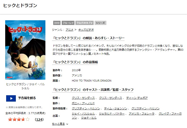 TSUTAYAディスカスのヒックとドラゴンの動画配信状況