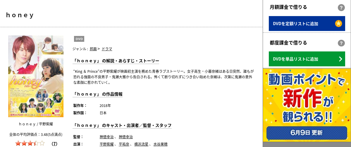 TSUTAYAディスカスのhoneyの動画配信状況