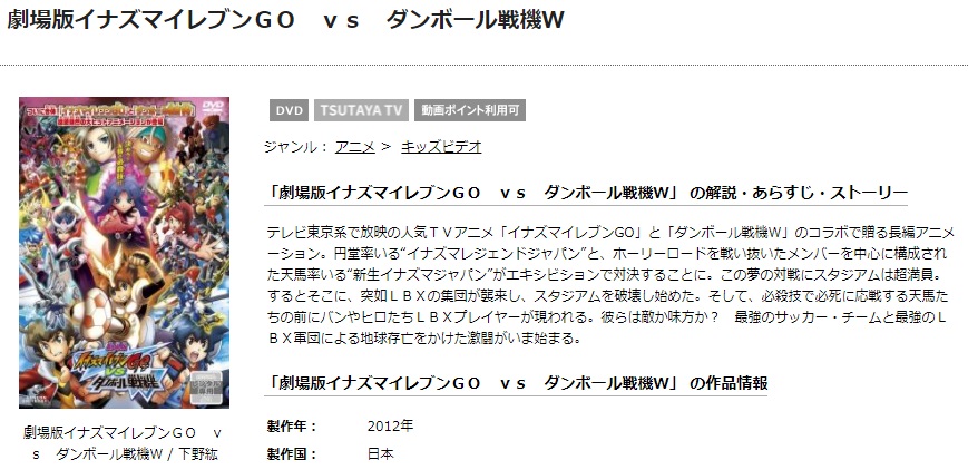 TSUTAYAディスカスの劇場版イナズマイレブンGO ｖｓ ダンボール戦機Ｗの動画配信状況