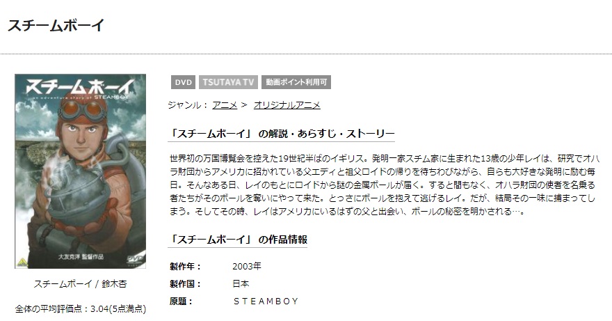 TSUTAYAディスカスのスチームボーイの動画配信状況