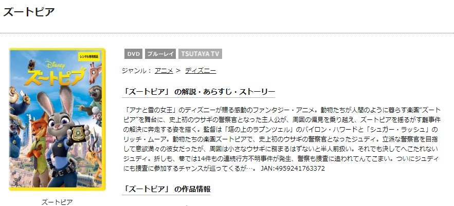TSUTAYAディスカスのズートピアの動画配信状況