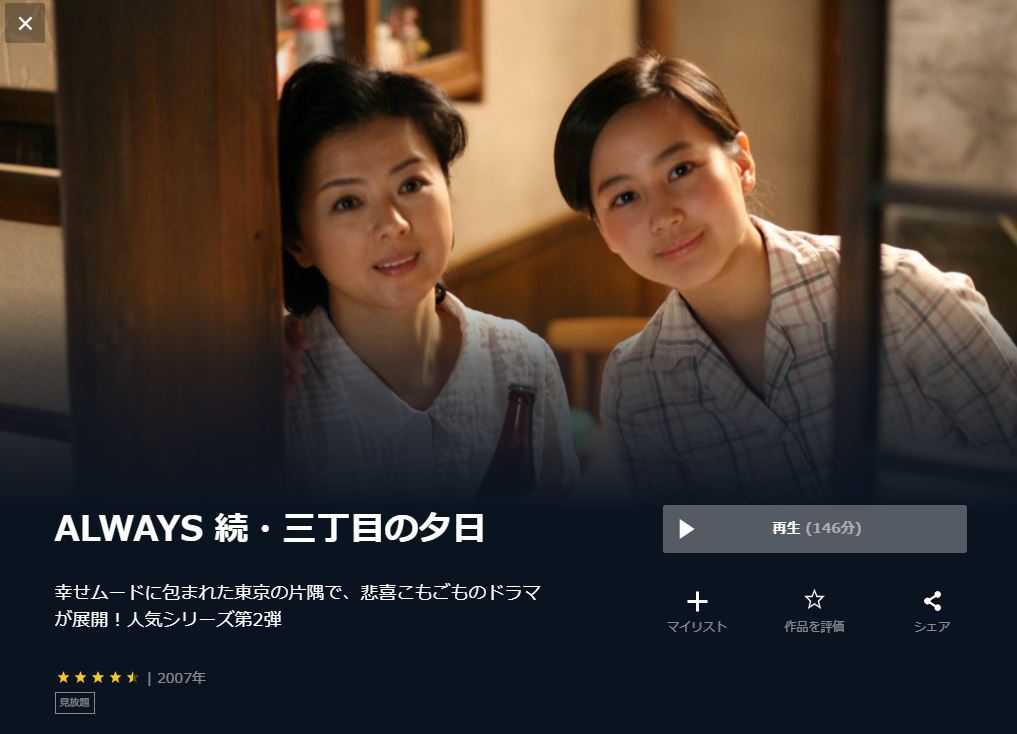  U-NEXTのALWAYS 続・三丁目の夕日の動画配信状況