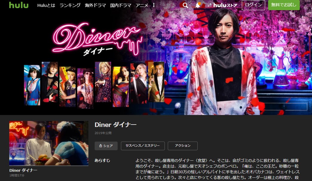 HuluのDiner ダイナーの動画配信状況