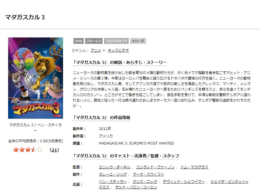 TSUTAYAディスカスのマダガスカル3の動画配信状況